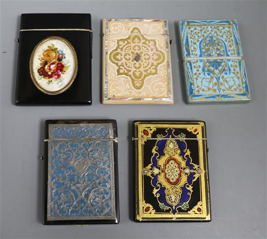 Three Victorian polychrome wood card cases and two Victorian composition card cases largest 10 x 8cm